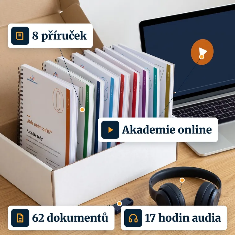 Kompletní obrana: osm tištěných příruček, Akademie online, 62 dokumentů na flashdisku a 17 hodin audia