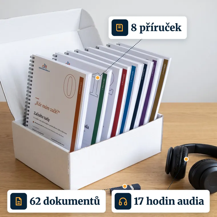 Ochranný balíček: osm tištěných příruček, 62 dokumentů na flashdisku a 17 hodin audia