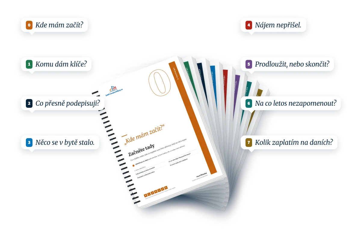 Osm tištěných příruček a u každé otázka, se kterou po ní sáhnete: Kde mám začít? Komu dám klíče? Co přesně podepisuji? Něco se v bytě stalo. Nájem nepřišel. Prodloužit, nebo skončit? Na co letos nezapomenout? Kolik zaplatím na daních?